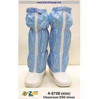 High, Anti-Static shoes for use with blue coveralls in cleanrooms. Dust proof and easy to clean. Nylon/carbon threads in upper part are lines spaced 5mm apart.